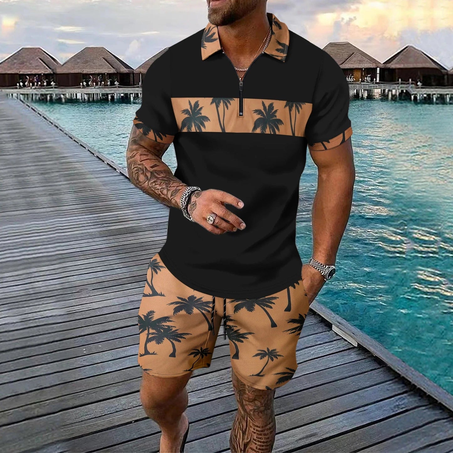Men's slim fit zip polo and tropical pattern shorts set lightweight breathable summer matching outfit