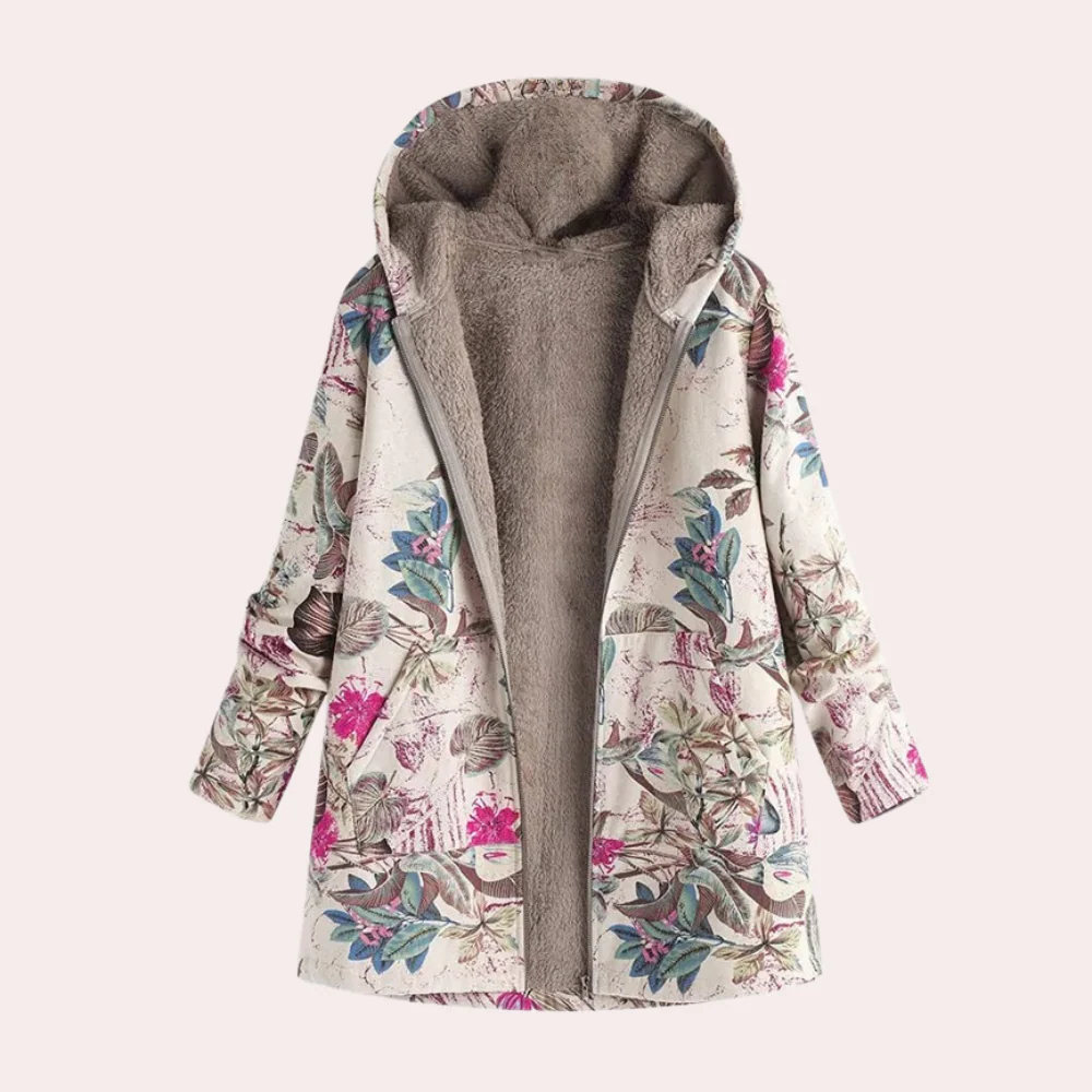 Women's floral print hooded jacket plush lined relaxed fit hip length cozy outerwear