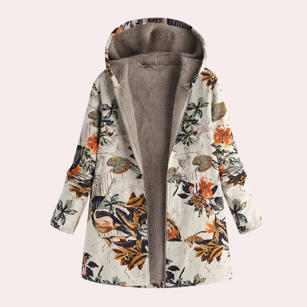 Women's floral print hooded jacket plush lined relaxed fit hip length cozy everyday outerwear