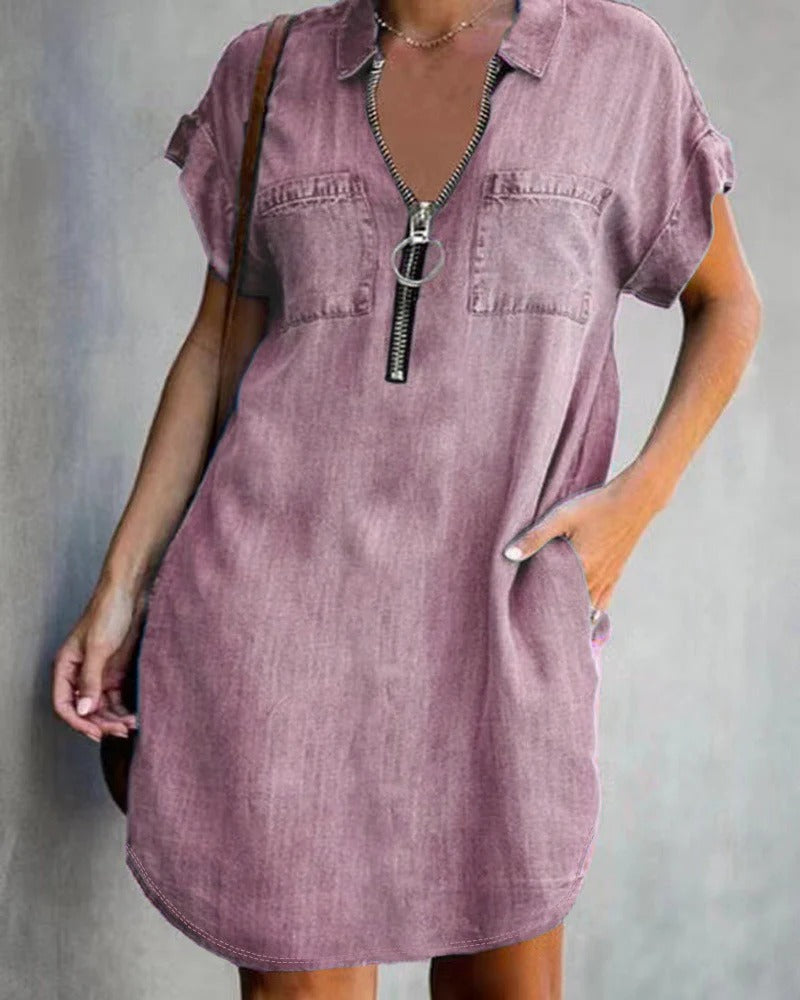 Women's relaxed fit denim dress short sleeve zipper front closure with utility pockets casual style