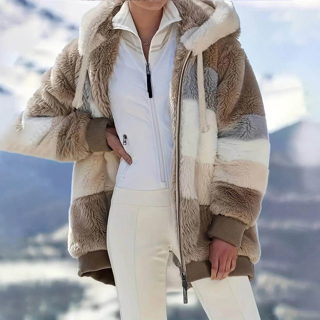 Women's oversized fleece jacket hooded full-zip mid-thigh length cozy casual warmth