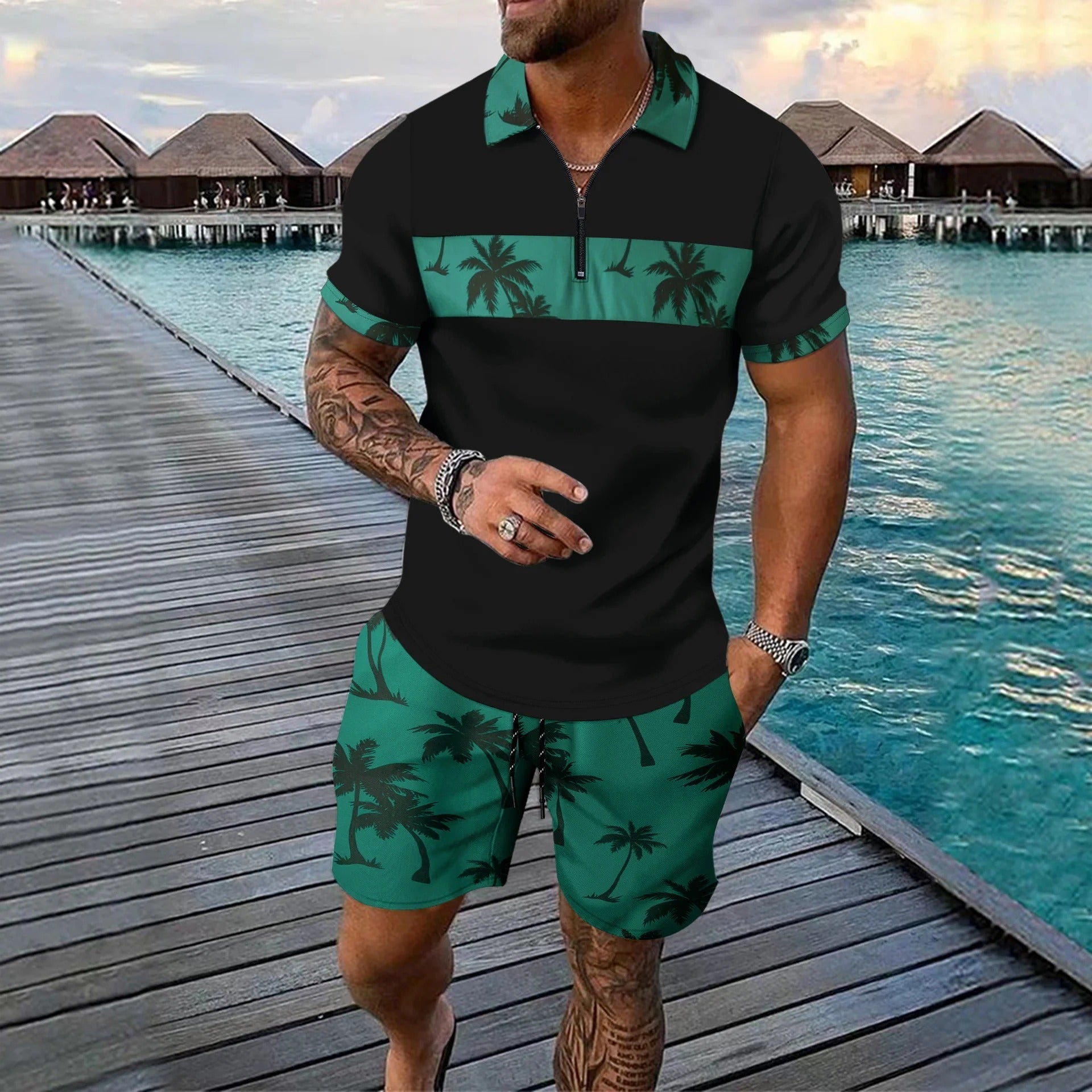 Men's slim fit zip polo and tropical pattern shorts set lightweight breathable summer outfit