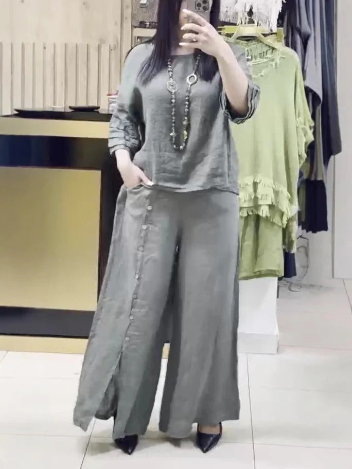 Women's linen two-piece set relaxed top wide-leg pants with button detail in neutral tone