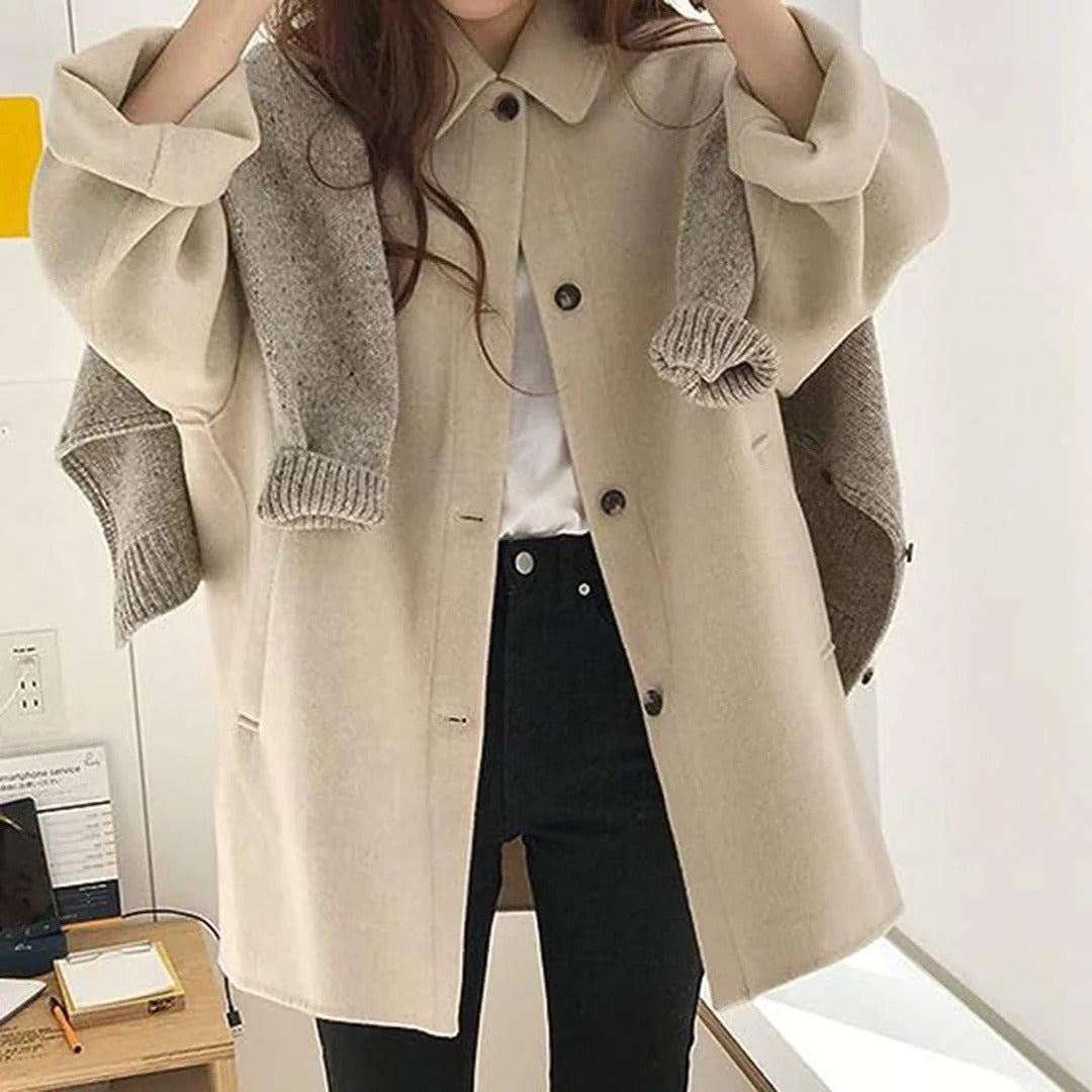 Women's wool jacket relaxed fit hip-length classic collar button closure timeless style