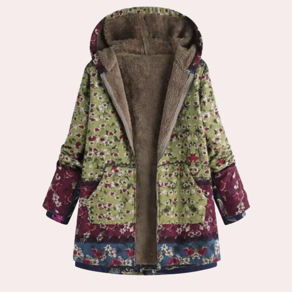 Women's floral print hooded jacket plush lined relaxed fit hip length cozy everyday outerwear