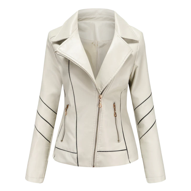 Women's black slim-fit biker leather jacket with asymmetrical zip and notched lapel edgy style