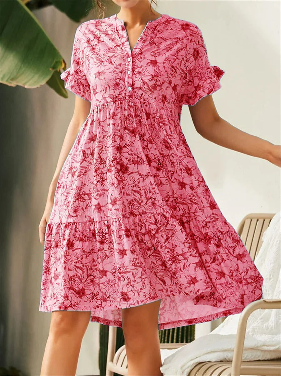 Women's floral cotton A-line dress with flattering V-neck, perfect for summer brunch outings