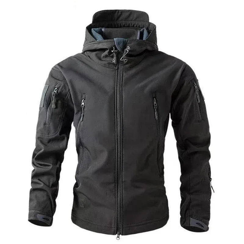 Men's water-resistant regular fit jacket with adjustable hood and zippered pockets for urban outdoor wear