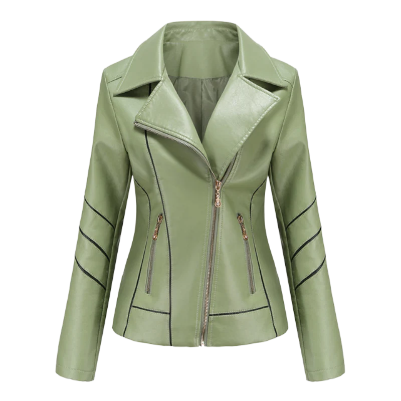 Women's black slim-fit biker leather jacket with asymmetrical zip and notched lapel edgy style