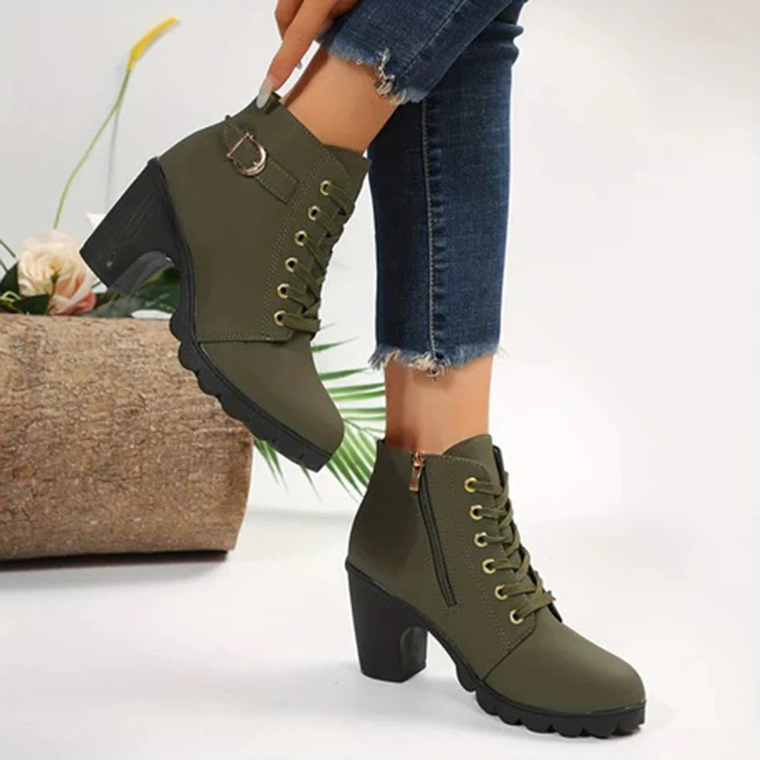 Black women's ankle boots chunky block heel zip buckle PU leather edgy style