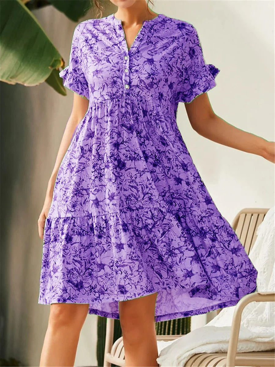 Women's floral print A-line dress with V-neck, lightweight cotton blend, breezy summer silhouette