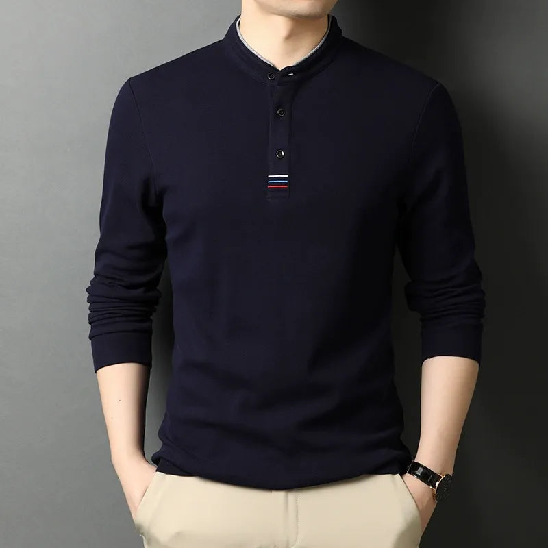 Men's long sleeve regular fit t-shirt stand collar buttons soft breathable fabric everyday casual wear