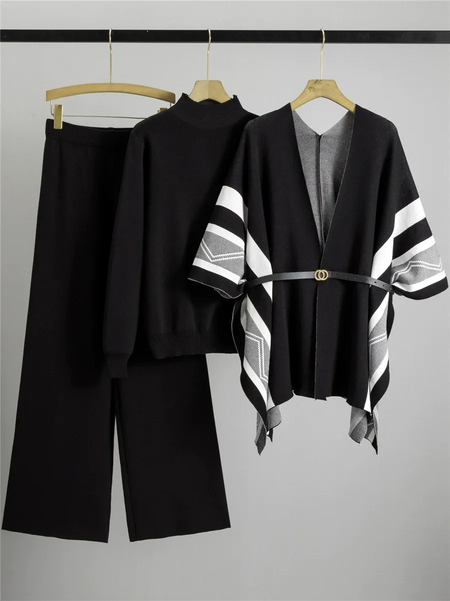 Women's striped knit shawl cardigan 3-piece set belted mid-thigh length soft drape neutral tones