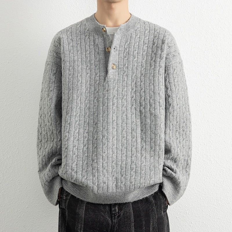 Men's wool blend knit Henley pullover sweater with ribbed trim and three-button placket