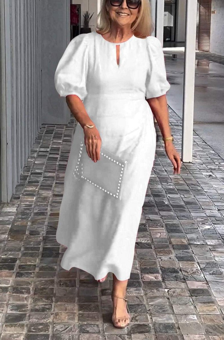 Women's sage green cotton midi dress loose fit puff sleeves round neckline breathable all-day comfort