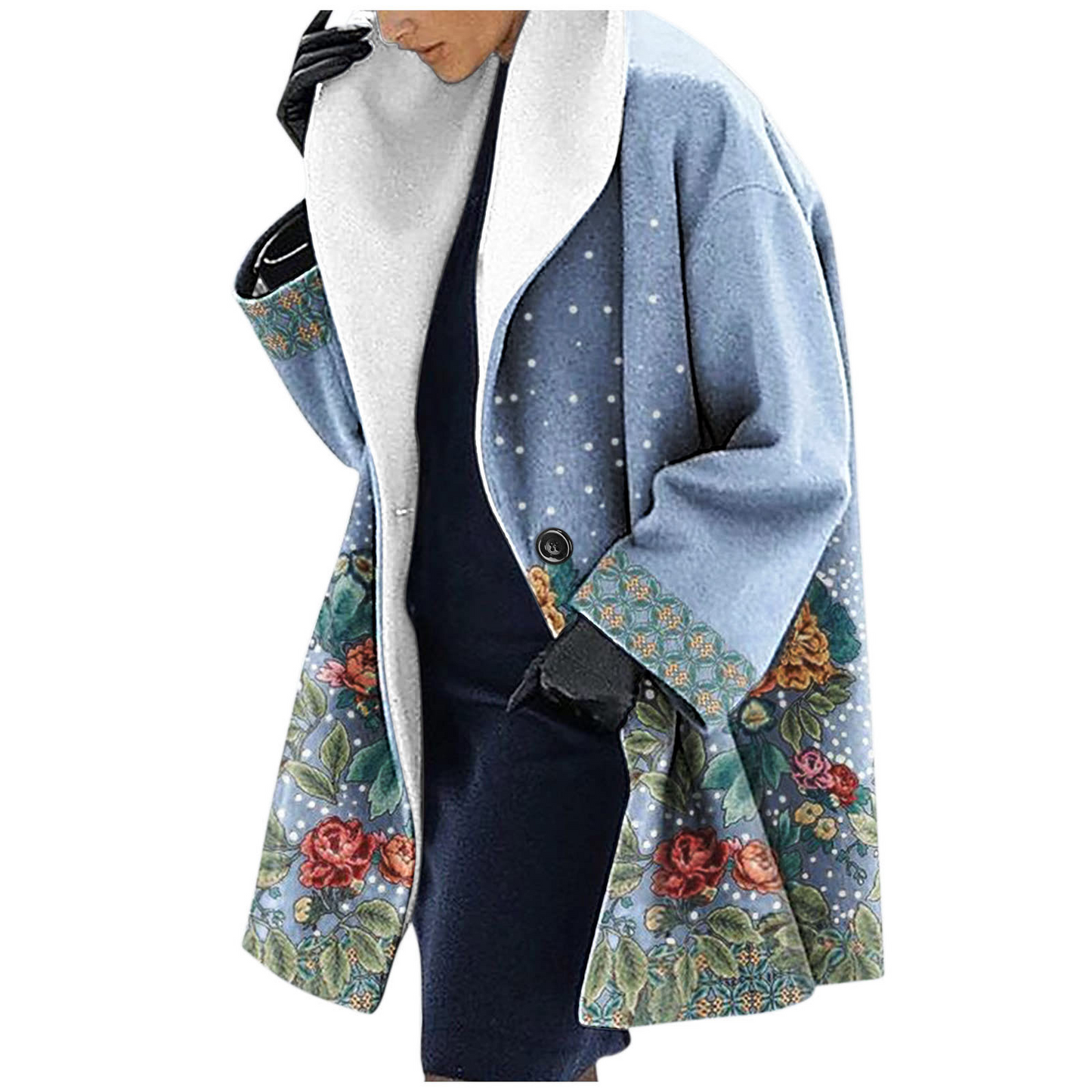 Women's wool blend mid-length hooded coat with bold ethnic floral print, relaxed fit casual outerwear