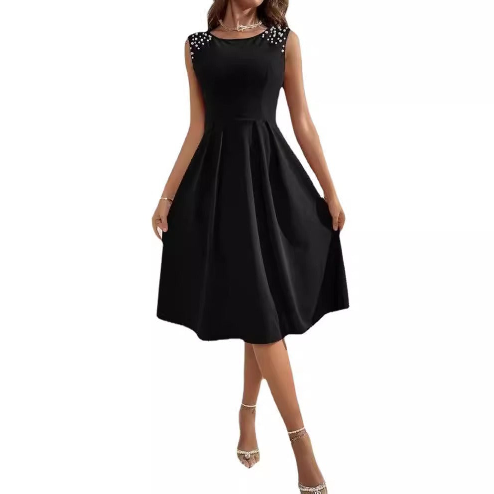 Beaded sleeveless midi dress fitted waist A-line silhouette with delicate sparkle bodice detailing