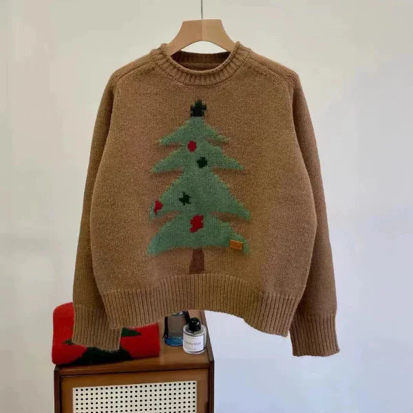 Women's wool knit pullover sweater relaxed fit crew neck with subtle tree graphic, cozy casual style