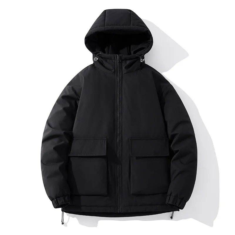 Men's black oversized quilted puffer jacket with hood and zip front pockets for winter