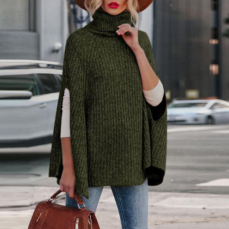 Women's loose-fit wool blend knit cape high neck arm slit cozy luxe layer modern style