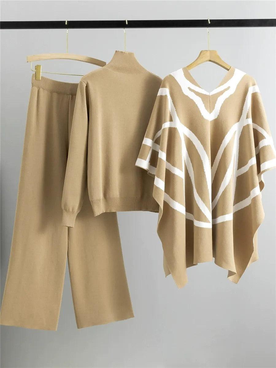 Women's three-piece knit shawl cape set open-front geometric pattern turtleneck relaxed fit cozy ensemble