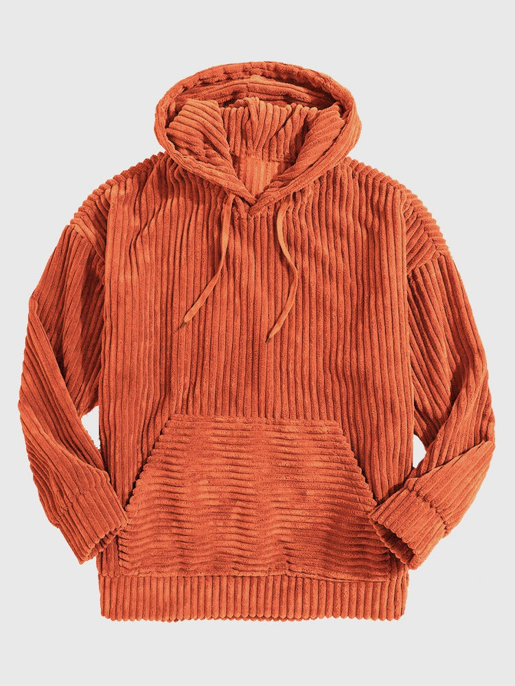 Men's oversized corduroy hoodie with hooded V-neck and kangaroo pocket, textured plush fabric