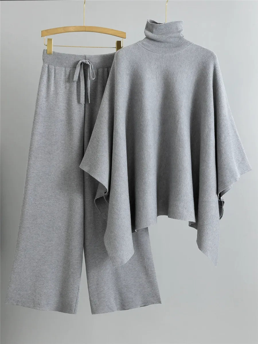 Women's knit two-piece set high neck cape top wide leg pants relaxed fit chic comfort