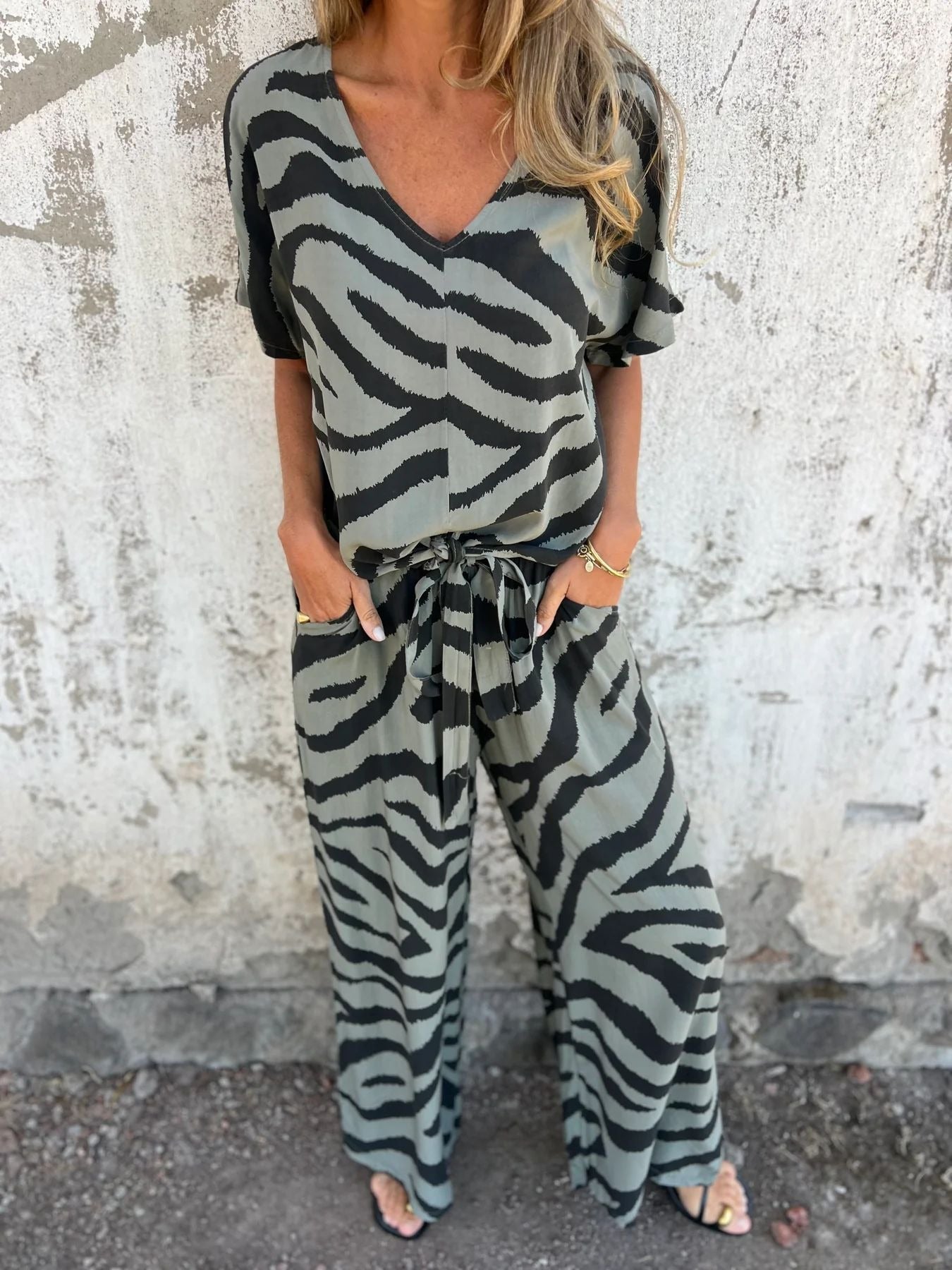 Zebra print women's matching set V-neck top wide-leg pants lightweight relaxed fit summer loungewear