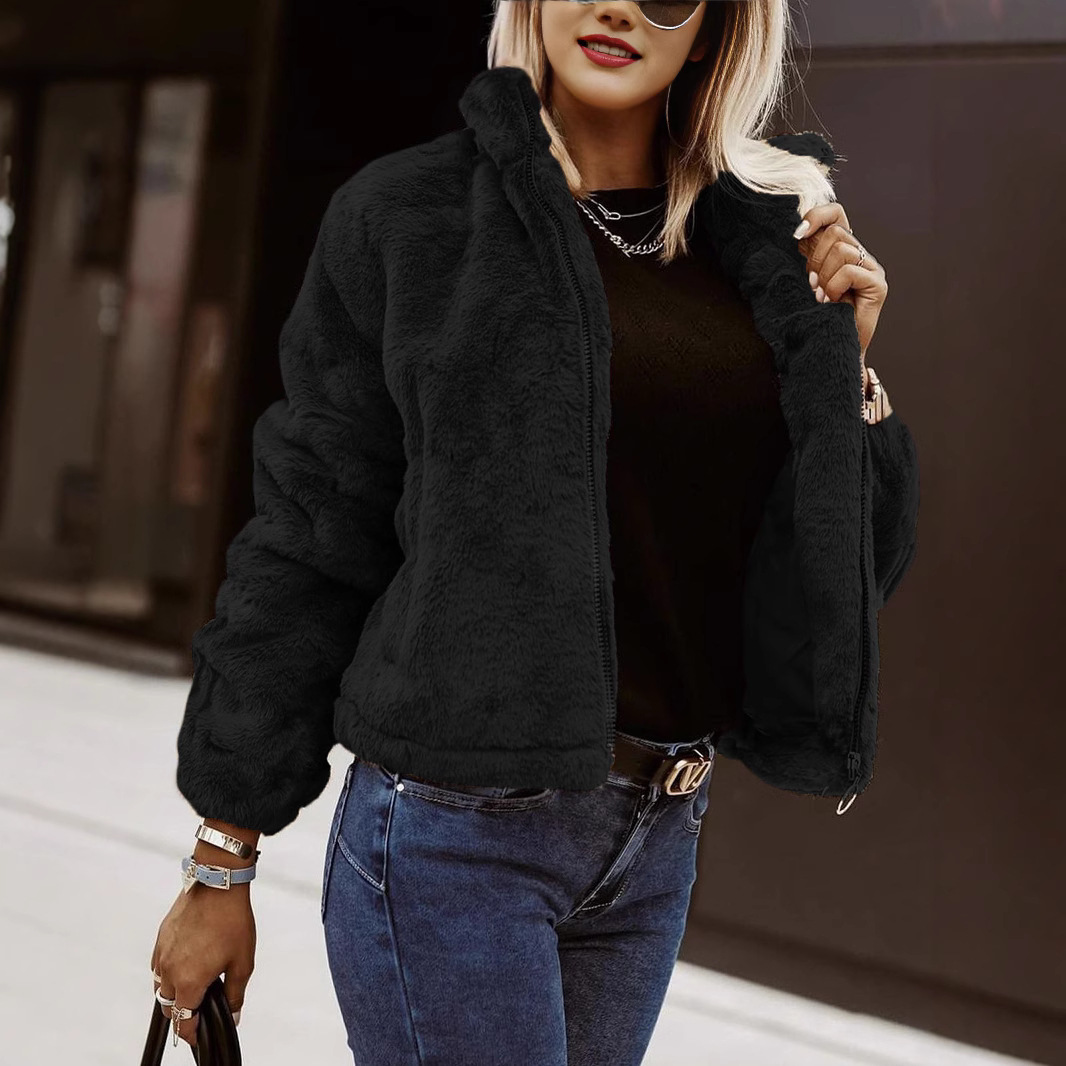 Women's faux leather plush cardigan black zipper front high collar relaxed fit cozy texture