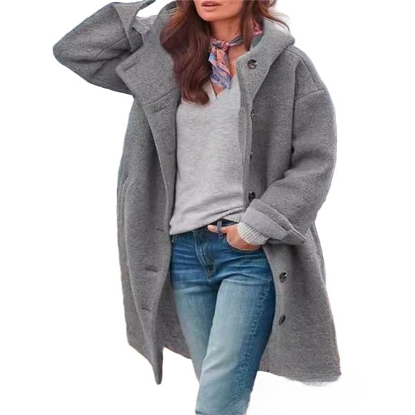 Women's full-length wool-blend hooded coat oversized fit button front autumn winter casual