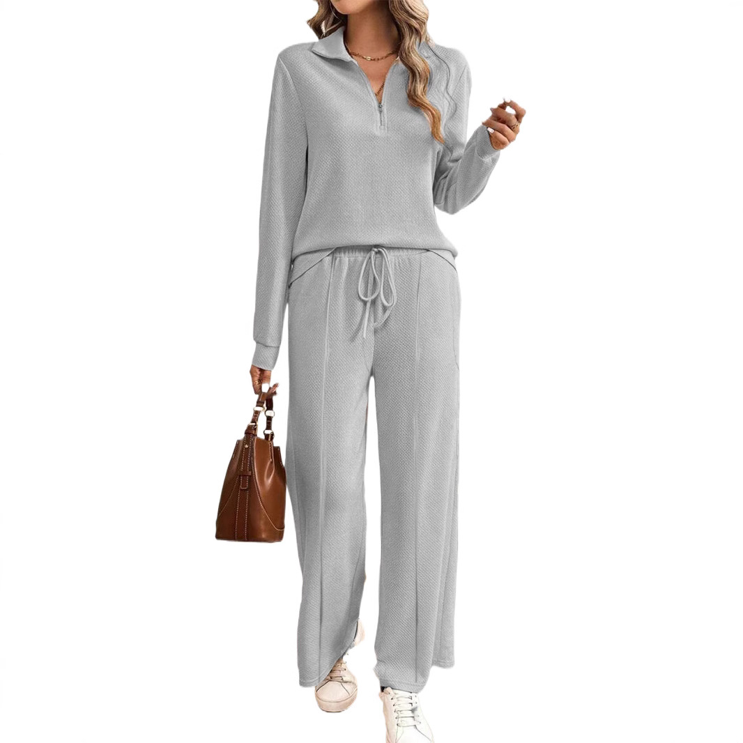 Women's two-piece textured knit lounge set relaxed fit zip collar drawstring waist casual style
