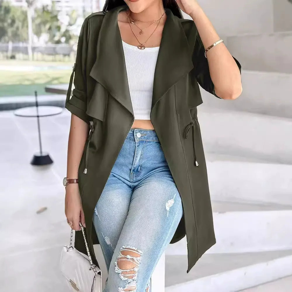 Women's mid-length trench coat relaxed fit tie waist belt rolled sleeves everyday chic style