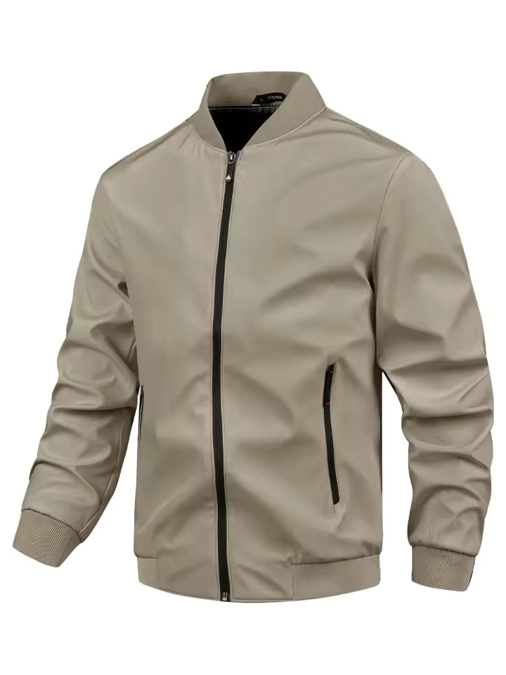 Men's black windproof stand collar jacket with ribbed trim and zipper closure, regular fit urban style