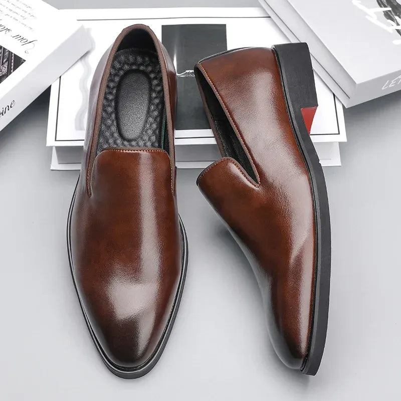 Men's brown genuine leather loafers slip-on dress shoes with cushioned insole and hand-finished shine