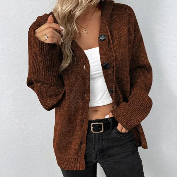 Women's oversized hooded knit cardigan with button front, ribbed trim, and cozy relaxed fit for layering