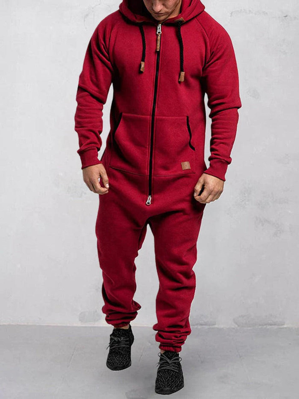 Men's relaxed fit fleece hooded jumpsuit full length zipper lounge wear soft plush comfort