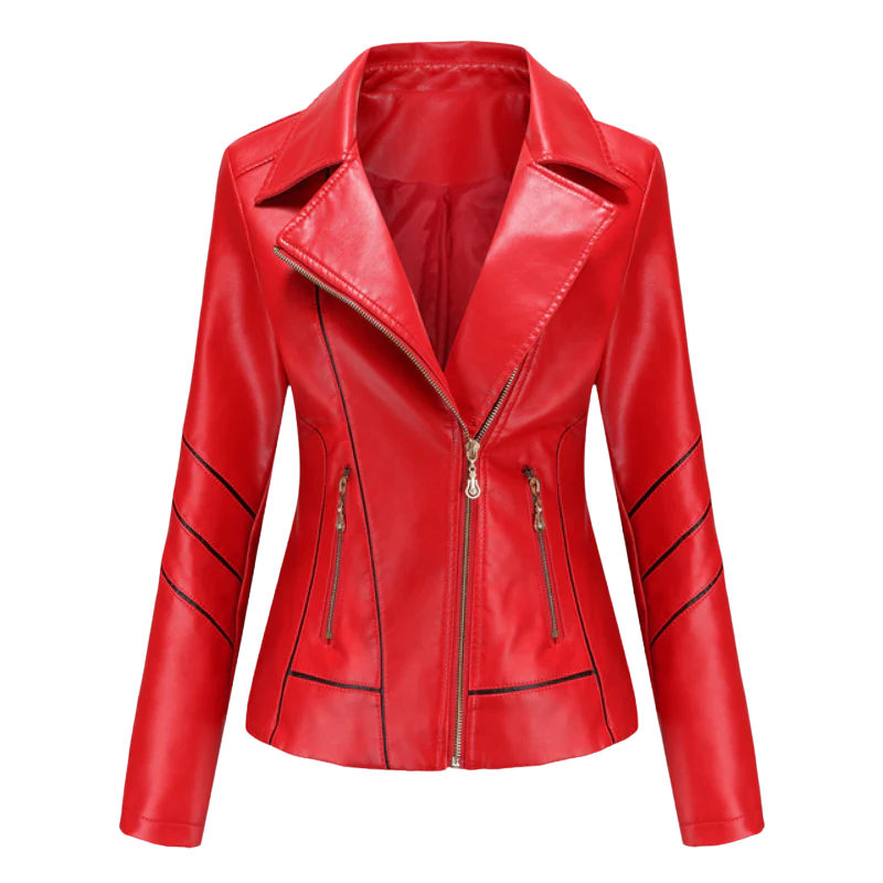 Women's slim fit black PU leather biker jacket with asymmetrical zip and notched lapels