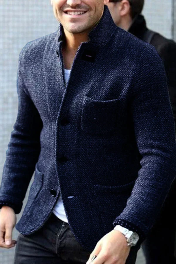 Men's tailored fit textured wool blazer business formal single-button closure urban professional style
