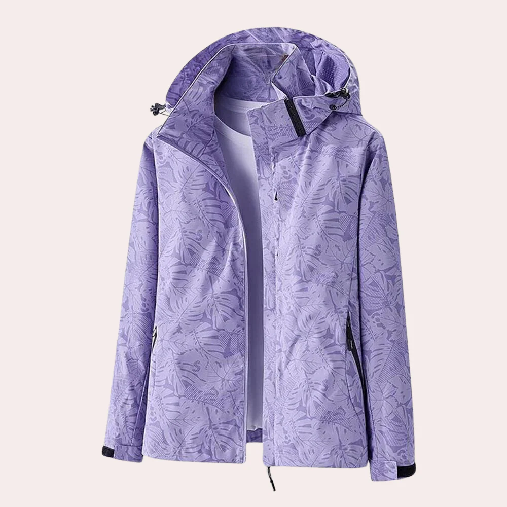 Women's lightweight straight-fit jacket with detachable hood, zipper pockets, and adjustable sleeves