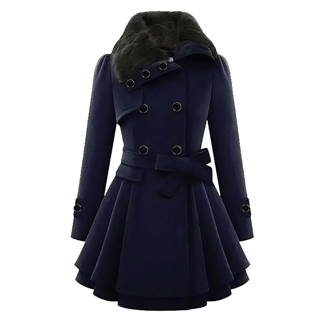 Women's tailored wool-texture coat double-breasted faux fur collar belted waist elegant fit