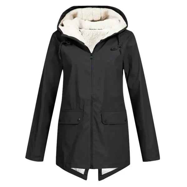 Women's waterproof fleece-lined trench coat tailored hooded mid-length polished silhouette