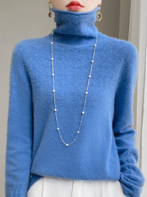 Women's slim fit turtleneck sweater wool blend hollow knit texture cozy warm winter style