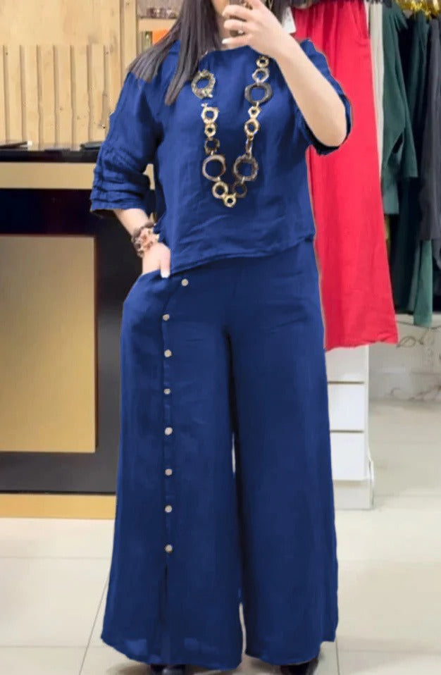 Women's linen two-piece set relaxed top wide-leg pants with button detail in neutral tone