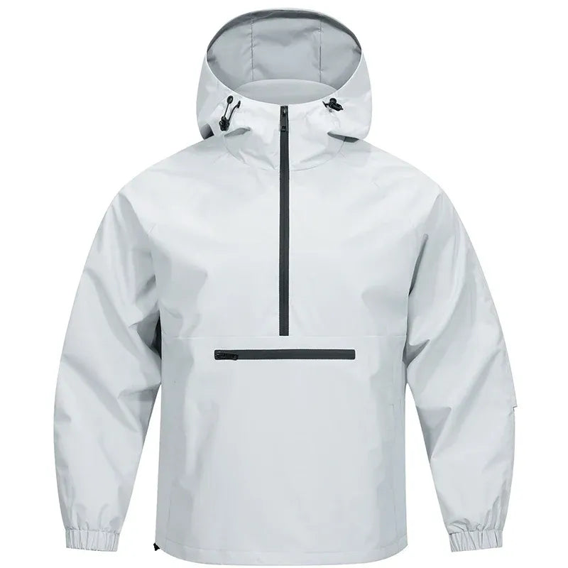 Men's gray half-zip hooded pullover hoodie, relaxed fit, water-resistant shell with chest pocket