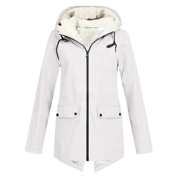 Women's waterproof fleece-lined trench coat tailored mid-length silhouette with hood
