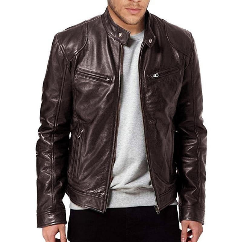 Men's slim fit black PU leather biker jacket with snap collar and zipper pockets