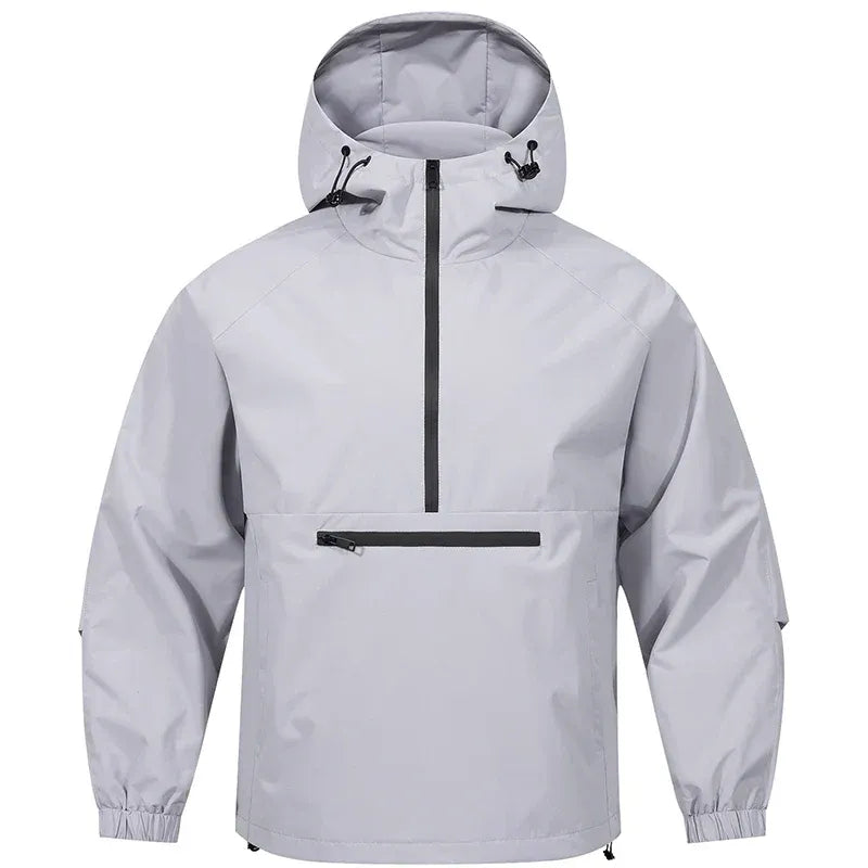 Men's gray half-zip water-resistant hooded pullover hoodie relaxed fit with chest pocket outdoor ready