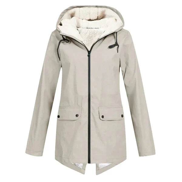 Women's waterproof fleece-lined trench coat tailored mid-length silhouette with hood