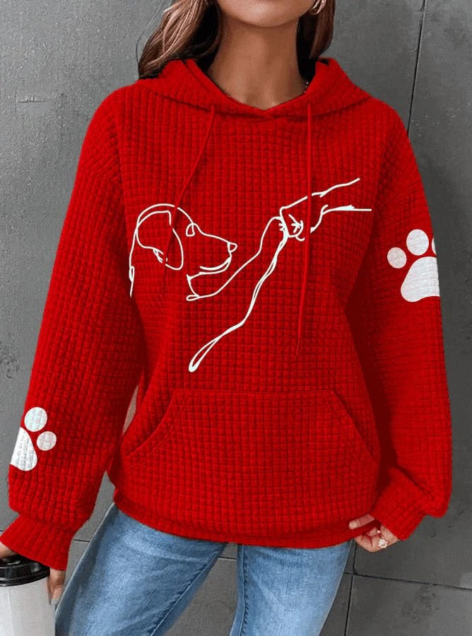 Women's relaxed fit quilted hoodie with cozy dog motif, soft fiber blend casual layering piece