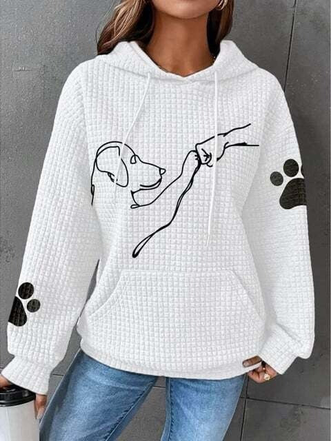 Women's relaxed fit quilted hoodie with cozy dog motif, soft fiber blend casual layer